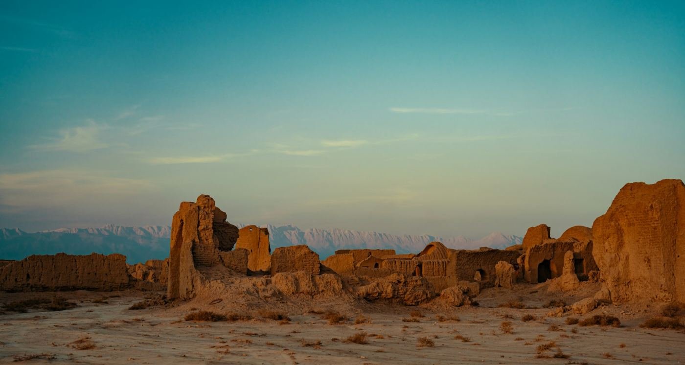 Desert landscape with ancient heritage ruins in northern Qatar