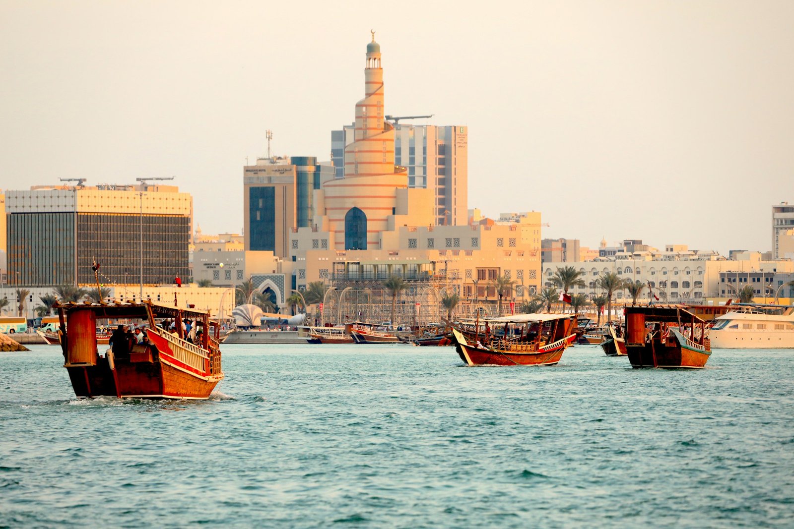 Marina with boats and waterfront towers in Lusail, Qatar